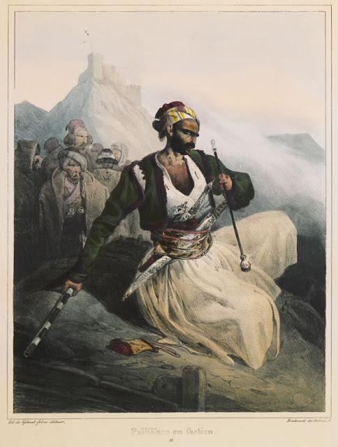 “Palikari, member of the irregular troops of the Peloponnese, with his clan” Théodore Leblanc (1800? – 1837) 